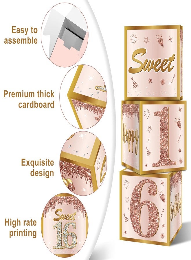 Guiruiy 3Pcs Sweet 16 Party Decorations Boxes for Girls Women, Pink Rose Gold 16th Birthday Balloons Boxes Party Supplies, Pink Sweet Sixteen Bday Theme Cardboard Box Decor - Image 3